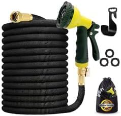 J&B XpandaHose 150ft Expandable Garden Hose with Holder - Heavy Duty Superior Strength 3750D - 4 -Layer Latex Core - Extra Strong Brass Connectors and 10 Spray Nozzle w/Storage Bag (Black 150)