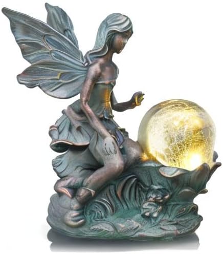 TERESA'S COLLECTIONS Fairy Garden Statues with Solar Outdoor Light for Outdoor Decor, Fairy Valentines Decorations Garden Decor Resin Sculptures with Crackle Glass Globe,Gifts for Mom Yard Decor,11.8"