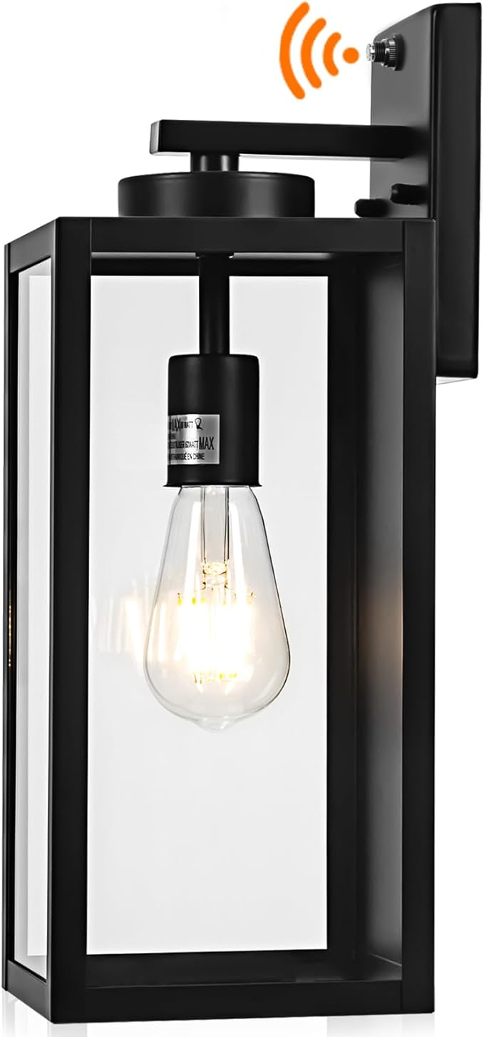 Dusk to Dawn Outdoor Wall Light Fixture, 16" Large Exterior Black Lantern Waterproof, Farmhouse Porch Sconce Lighting, Modern Wall-Mounted Outside Lights for House Garage, Patio Lamp