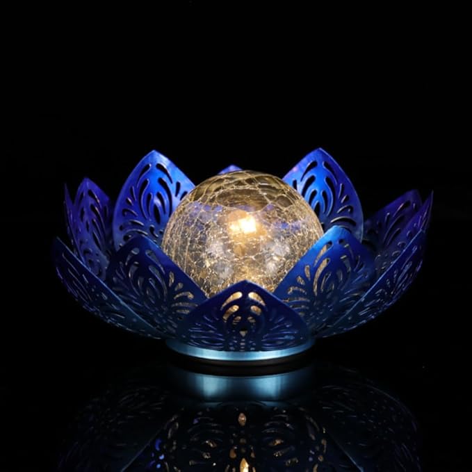 12 inches Solar Lights Outdoor Garden, Crackle Globe Glass Lotus Decoration, Waterproof LED Metal Flower Lights for Patio,Lawn,Walkway,Tabletop,Ground Gardening Gifts (Blue Hollow)