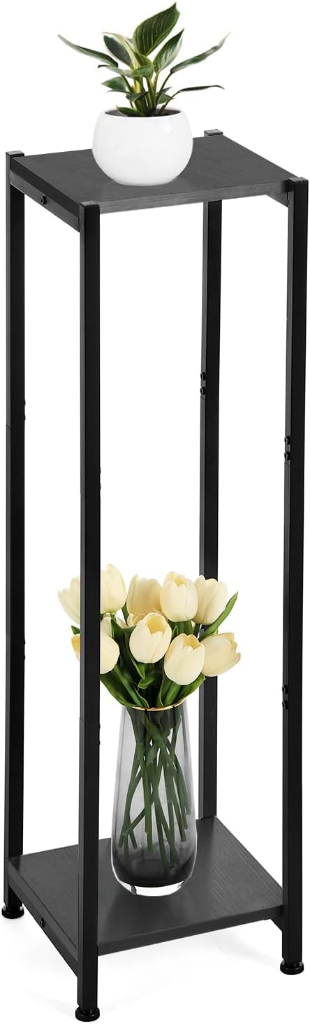 Extra Tall Plant Stand Indoor,40 Inch Plant Stands,2 Tier Metal Plant Stand with Heavy Duty Wood,Black
