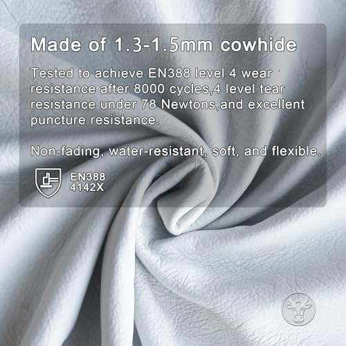 12 Pairs Bulk Leather Work Gloves for Men or Women for Construction, Wood cutting, Driving, Gardening, Automotive Repair, Water Resistant, Soft, Cowhide, Class 4 Abrasion Resistant, Blue-White, M