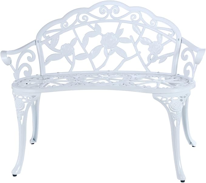 JARDIN DE CENTENNIAL Patio Garden Bench Metal Park Bench Cast Aluminum Outdoor Furniture with Floral Rose for Patio,Park,Lawn,Yard (White)