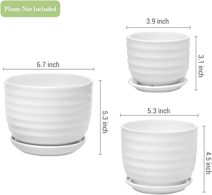 MyGift Modern Ribbed White Ceramic Indoor Plant Pot with Drainage Hole and Attached Saucer, Small Succulent Planter, Set of 3