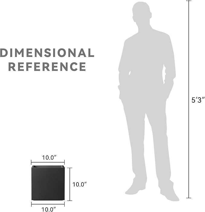 Kante 10 Inch Square Concrete Planter for Outdoor Indoor Home Patio Garden, Large Plant Pot with Drainage Hole and Rubber Plug, Black