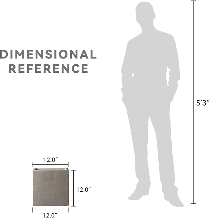 Kante 12 Inch Square Concrete Planter for Outdoor Indoor Home Patio Garden, Large Plant Pot with Drainage Hole and Rubber Plug, Weathered Concrete