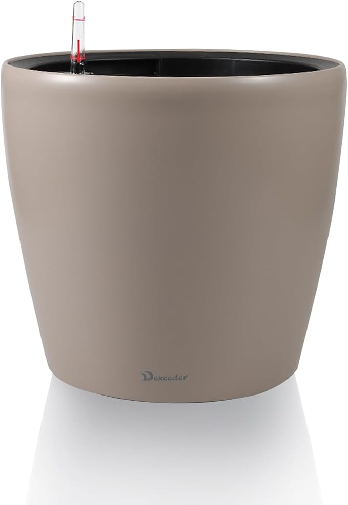 Dexceder 9x8 Inches Self Watering Planter Indoor Outdoor, Inner Pot Design, Thickened Table Flower Plant Pot with Water Level Indicator (Taupe Matte)