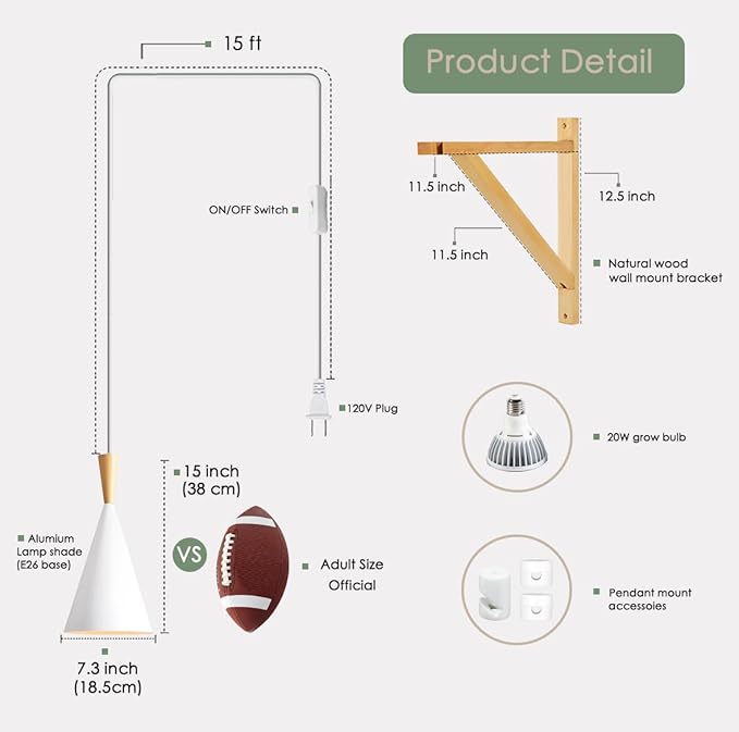 Hanging Grow Light, 20W Full Spectrum Pendant Grow Lights 15FT Power Cord, Decorative Grow Light for Indoor Plants, Flowers, Garden (Ceiling Mounted Hooks&Wall Mounted Bracket Included