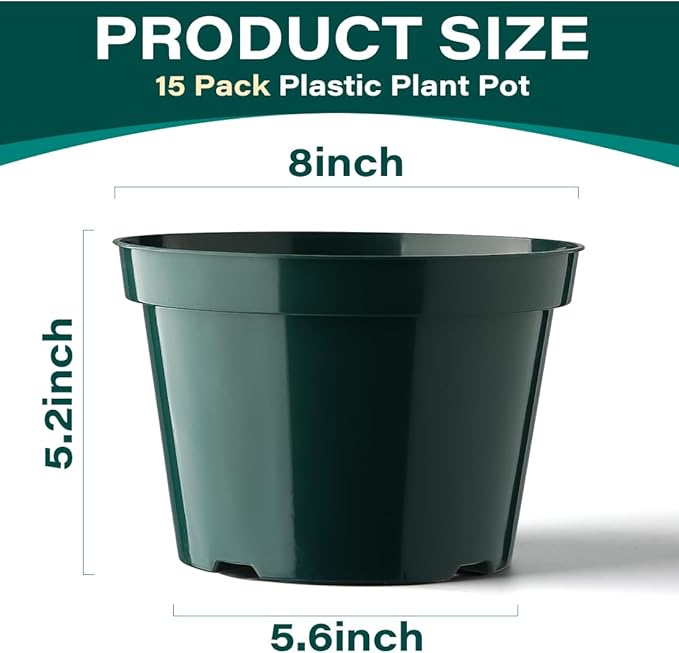 8 Inch Plastic Plant Pots, 15 Pack Sturdy Nursery Pots with Drainage Holes, Flower Planter Pots for Indoor Outdoor, Garden Containers Sets for Vegetable Herbs Flowers, Green
