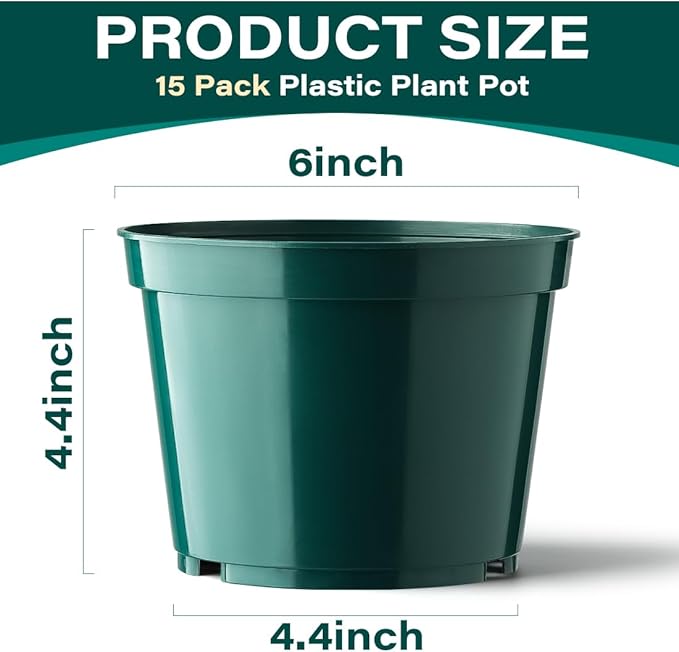 15 Pack 6 Inch Plant Pots with Drainage Holes, Sturdy Plastic Nursery Pots for Plants, Thickened Flower Pots for Indoor Outdoor Planting Transplanting, Succulents, Seedlings, Green