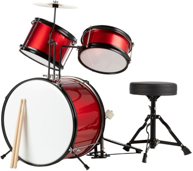 Hey Play Kids 3-Piece Drum Kit - Cymbal, 2 Toms, Bass Drum and Pedal, Drumsticks, and Throne - Beginner Musical Instruments (Red)