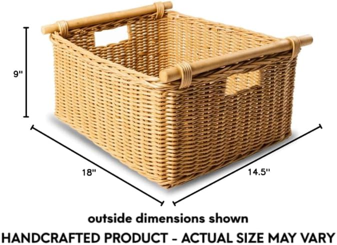 The Basket Lady Pole Handle Wicker Storage Basket, Large, 18 in L x 14.5 in W x 9 in H, Sandstone