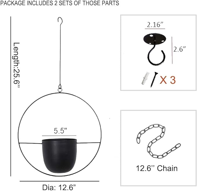 2 Pcs Hanging Planters for Indoor and Outdoor Plants with Hooks and Chains Metal Modern Wall Ceiling Planter Hangers Minimalist Flower Pot Holder Basket for Home Decor,Black