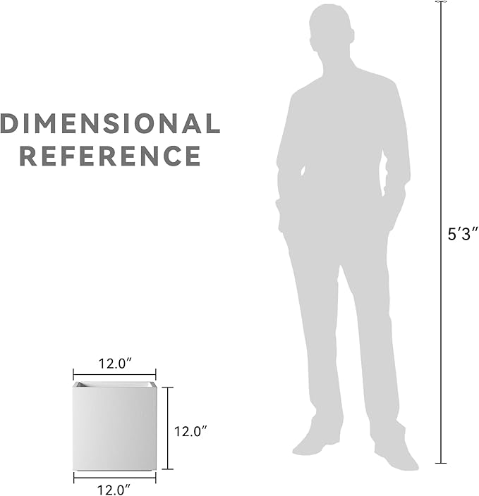 Kante 12 Inch Square Concrete Planter for Outdoor Indoor Home Patio Garden, Large Plant Pot with Drainage Hole and Rubber Plug, Pure White