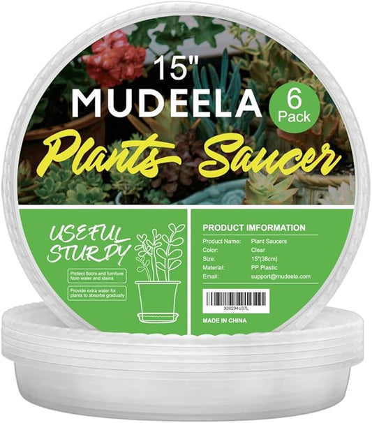 MUDEELA 6 Pack of 15 inch Plant Saucer, Durable Plastic Plant Trays for Indoors, Clear Plastic Flower Plant Pot Saucer, Made of Thicker, Stronger Plastic, with Taller Design