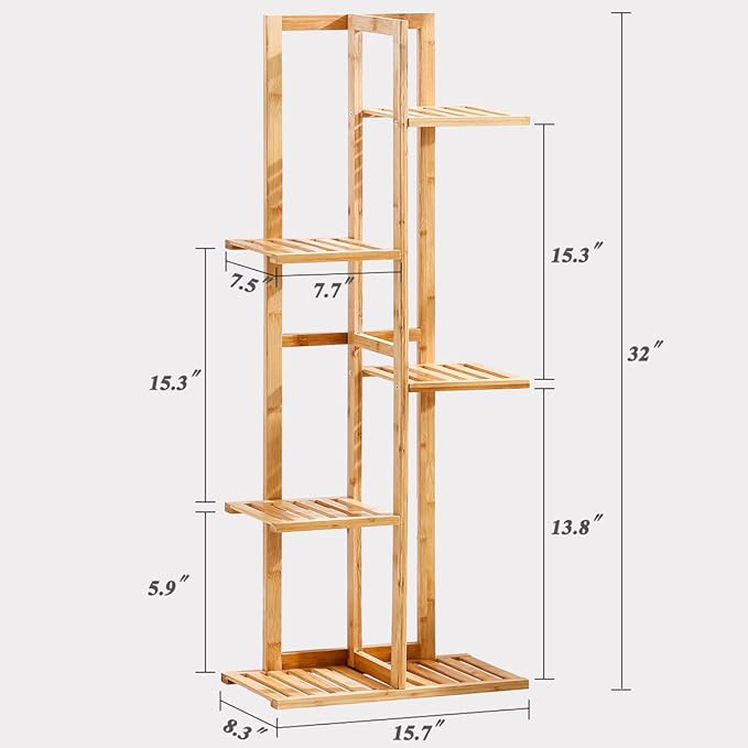 Bamboo 5 Tier 6 Potted Plant Stand Rack Multiple Flower Pot Holder Shelf Indoor Outdoor Planter Display Shelving Unit for Patio Garden Corner Balcony Living Room