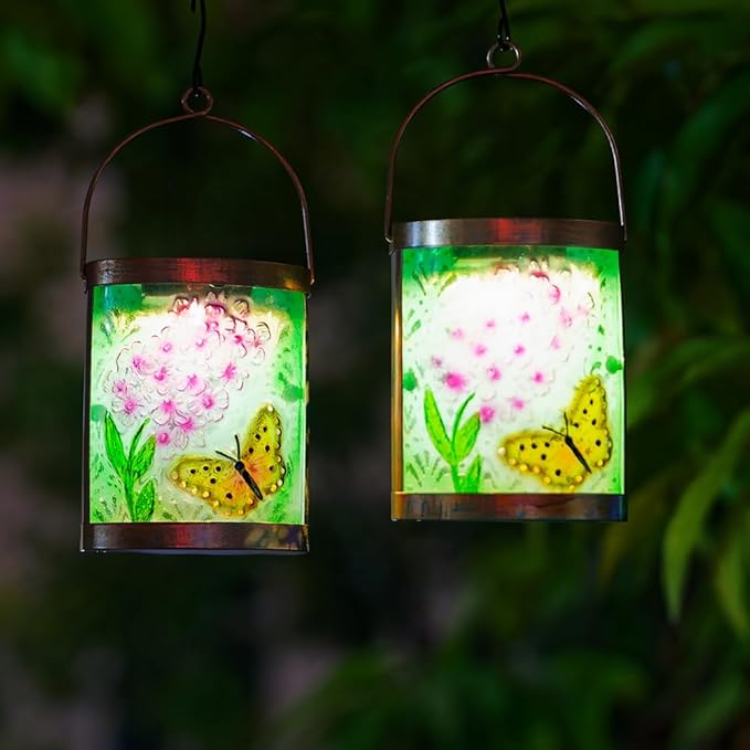 Starsoul 2 Pack Hanging Solar Lantern Outdoor Waterproof Glass Butterfly and Flowers Decorative Solar Lights for Outside Garden Yard Table Patio Decor