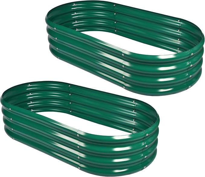 Land Guard 2Pcs Galvanized Raised Garden Bed Kit, Galvanized Planter Oval Large Metal Raised Garden Boxes Outdoor for Vegetables(Forest Green)