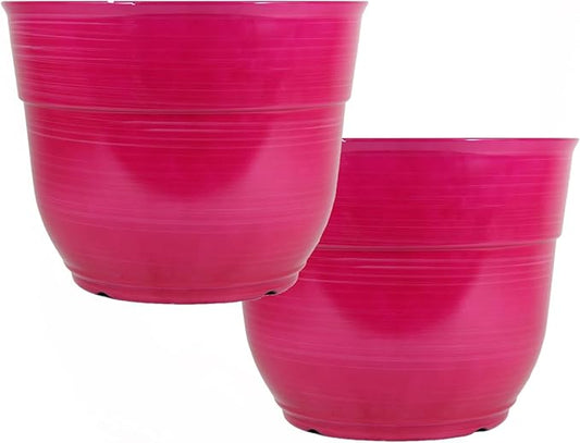 Garden Elements Indoor/Outdoor Glazed Brushed Happy Plastic Planter, Large, Bright Pink, 15" (Pack of 2)