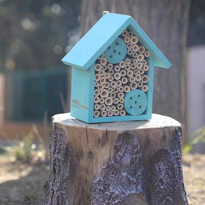 Mason Bee Houses Outdoor Wooden Blue Bee Hotel for Garden and Yard Hand-Made Bamboo Bee Hive for Bees Butterflies and Ladybugs, Medium Size 8"x7.5"x5"