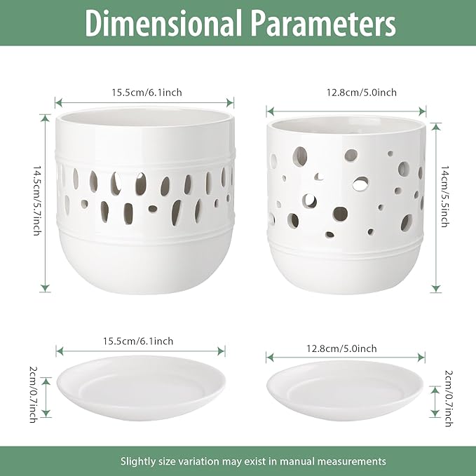 Orchid Pot, 5+6 Inch Orchid Pots with Holes, Orchid Pots for Repotting,Ceramic Flower Pots with Drainage and Tray,Planters for Indoor/Outdoor Plants - White