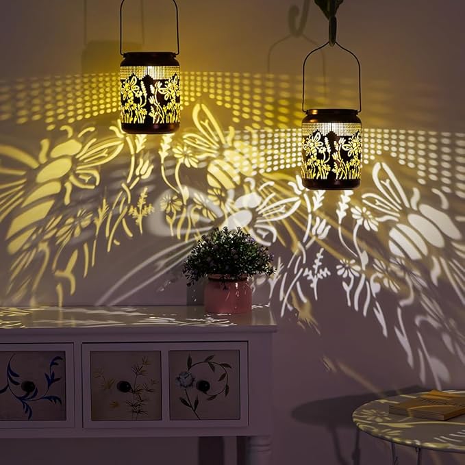 2 Pack Bee Solar Lanterns Outdoor Waterproof Hanging Solar Lights LED 6.9" Metal Flower Bee Decorative Lantern for Patio,Yard,Porch,Table,Garden Birthday Gifts for Women Mom Grandma