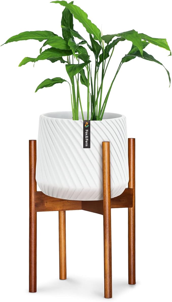 Fox & Fern Mid Century Plant Stand — 10 Inch Fixed Size Wooden Plant Stand for Indoor Planters; Raised Flower Pot Holder for Indoors; Plug In Design; Two Height Options; Easy to Assemble - Acacia