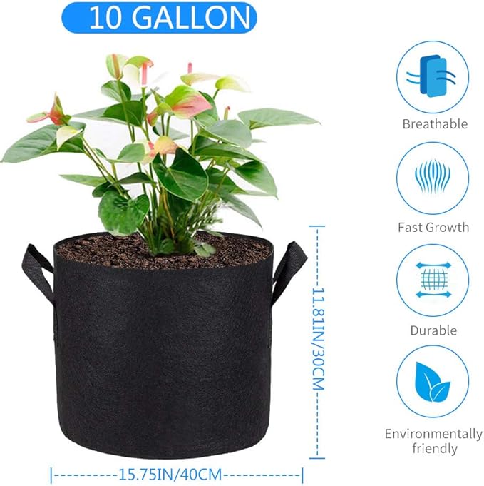 ANGELIOX 6 Pack 10 Gallon Plant Grow Bags, Heavy Duty Nonwoven Fabric Pots Thickened Container with Sturdy Reinforced Handles for Indoor Outdoor Garden Plants Flower Vegetable (6Pcs-10 Gallon)