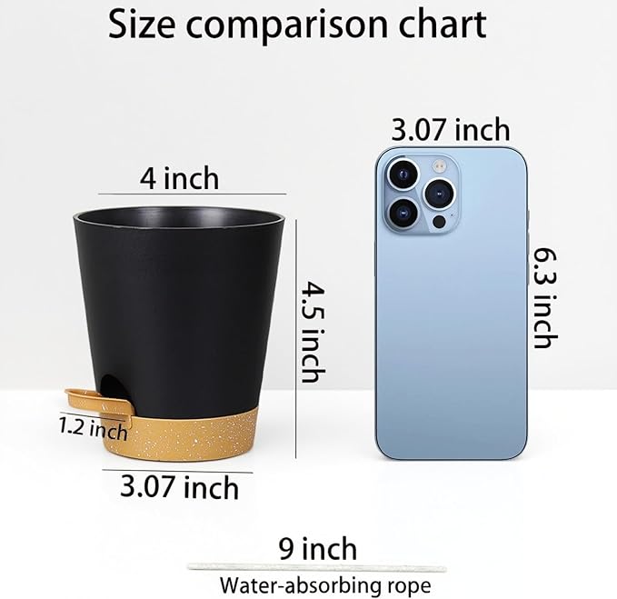 12 Pack 4 Inch Self Watering Plant Pots with Drainage and Saucers,Plastic Flower Pots for Indoor and Outdoor Plants, Nursery Planters for Houseplants and Herbs Black Brown, 4 inch 12pcs