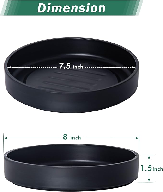 Phoenix Vine 8 Inch Plastic Plant Saucer Water Drip Tray, Heavy Sturdy Round Plant Drainage Tray for Indoors Outdoor, Set of 2, Matte Black, 21-TY-8B-2