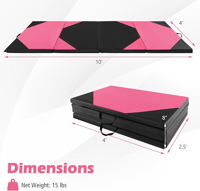 Giantex 4'x10'x 2" Gymnastics Mat, 4-Panel Folding Aerobics Exercise Mat w/Hook & Loop Fastener, Carrying Handle, Portable Tumbling Mat for Stretching Yoga Cheerleading Martial Arts