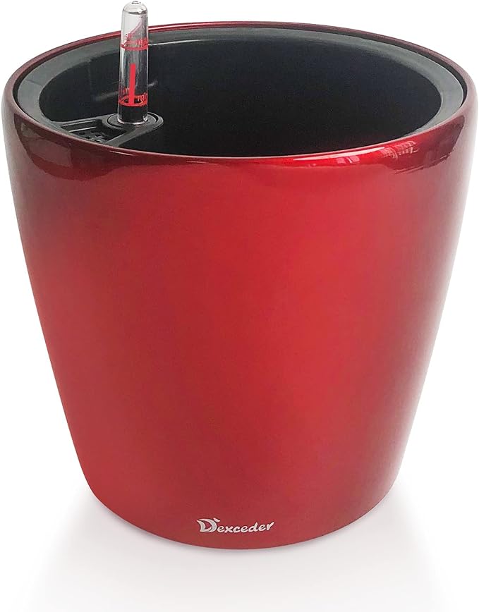 Dexceder 9x8 Inches High Gloss Self Watering Planter Indoor Outdoor, Inner Pot Design, Thickened Table Flower Plant Pot with Water Level Indicator (Red)