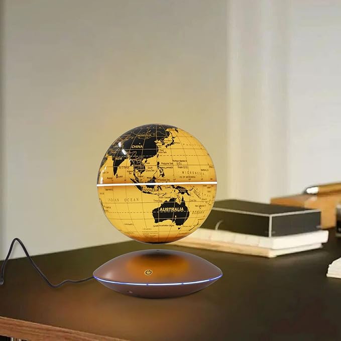 6" Magnetic Levitating Globe, 360°Rotating Geographic Globes Levitating Globes with LED Light Floating Magnetic Levitation Floating Globe for Desk Home Office Classroom Study Room(Gold/Single Color Light)