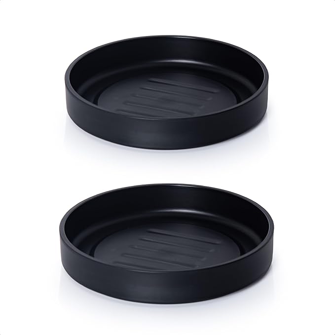 Phoenix Vine 8 Inch Plastic Plant Saucer Water Drip Tray, Heavy Sturdy Round Plant Drainage Tray for Indoors Outdoor, Set of 2, Matte Black, 21-TY-8B-2