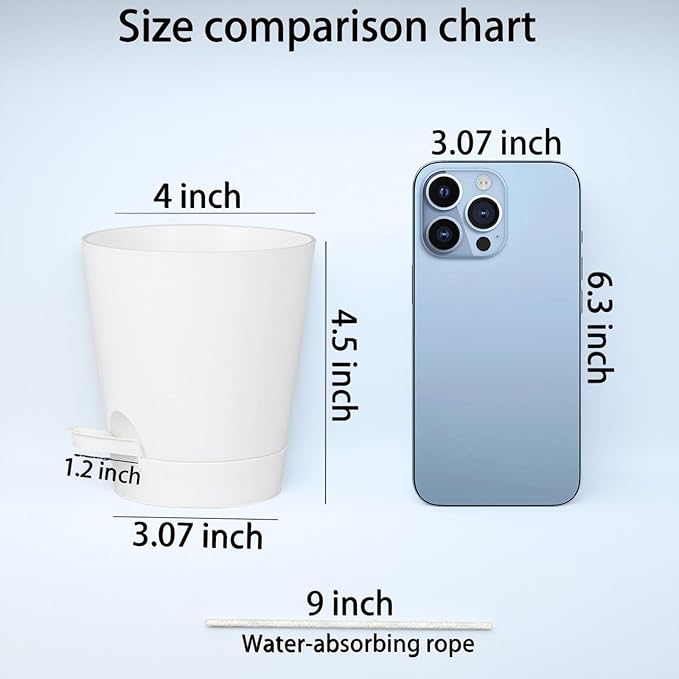 12 Pack 4 Inch Self Watering Plant Pots with Drainage and Saucers,Plastic Flower Pots for Indoor and Outdoor Plants, Nursery Planters for Houseplants and Herbs White, 4 inch 12pcs