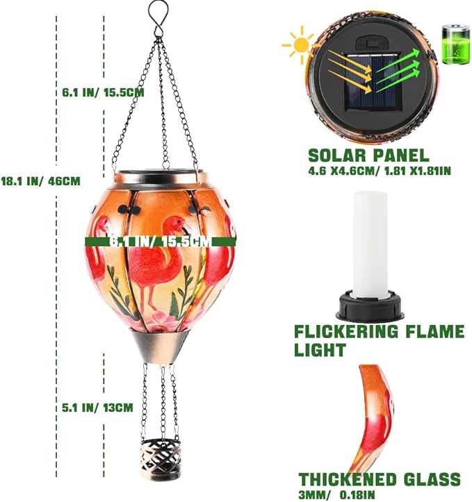 Hot Air Balloon Solar Lantern - Flamingo Bird Stained Glass Lantern with Simulated Flickering Flame, Outdoor Hanging Yard Light Waterproof IP65 & Weather Resistant for Patio Lawn Porch Decor Gfit