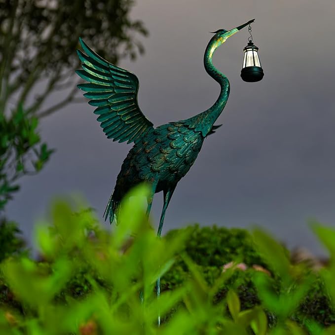 DREAMSOUL 40.5" Heron Garden Statues Large Metal Crane Outdoor Statues Standing Solar Bird Statue for Patio Pool Lawn Decoration