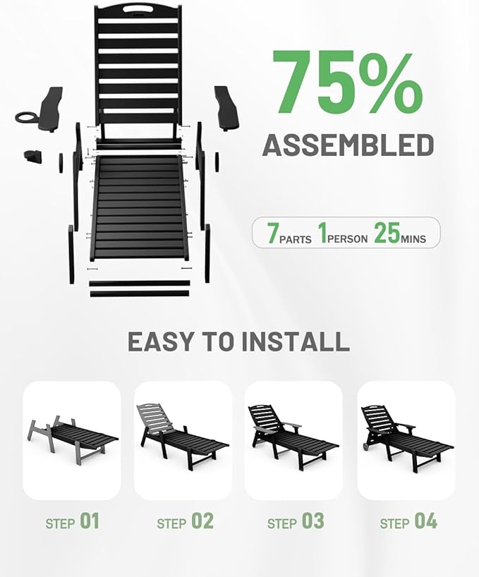 Lounge Chair Outdoor Set of 4 with Wheels, Adjustable 6-Position Chaise Lounge Outdoor, Patio Lounge Chair for Poolside Backyard, Black