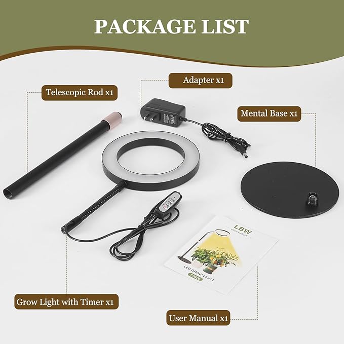 LBW Plant Grow Light, 72 LEDs Desk Halo Grow Light for Indoor Growing, Full Spectrum Grow Lamp with 4/8/12H Auto Timer, 4-Level Brightness, 16"-26" Height Adjustable, Ideal for Indoor Growth, Black