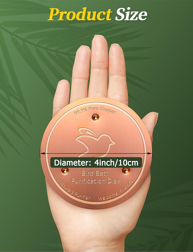 Mellbree Bird Bath Copper Disk, 0.6mm Reinforced 99.99% Pure Copper Cleaning Disk with Triple-Point Support for Physical Safe Clean Water All-Season, Universal Fit for Outdoor Birdbaths, Bowl