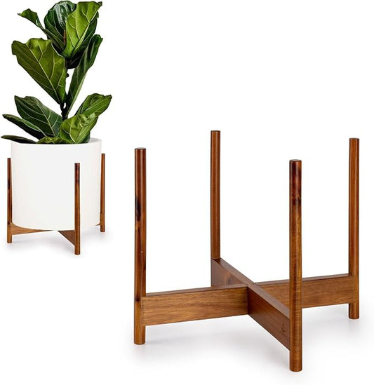 Fox & Fern Mid Century Plant Stand — 14.9 Inch Fixed Size Wooden Plant Stand for Indoor Planters; Extra Large Flower Pot Holder for Indoor Big Pots; Plug In Design; Two Height Options - Acacia