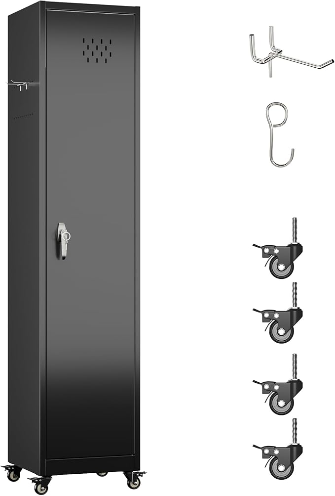 72''H Metal Broom Closet Storage Cabinet with Wheels & Pegboards, Mops Broom Closet Organizer with Locking Door & Hanging Rod,Cleaning Tool Garage Storage Cabinet,Assembly Required,Black