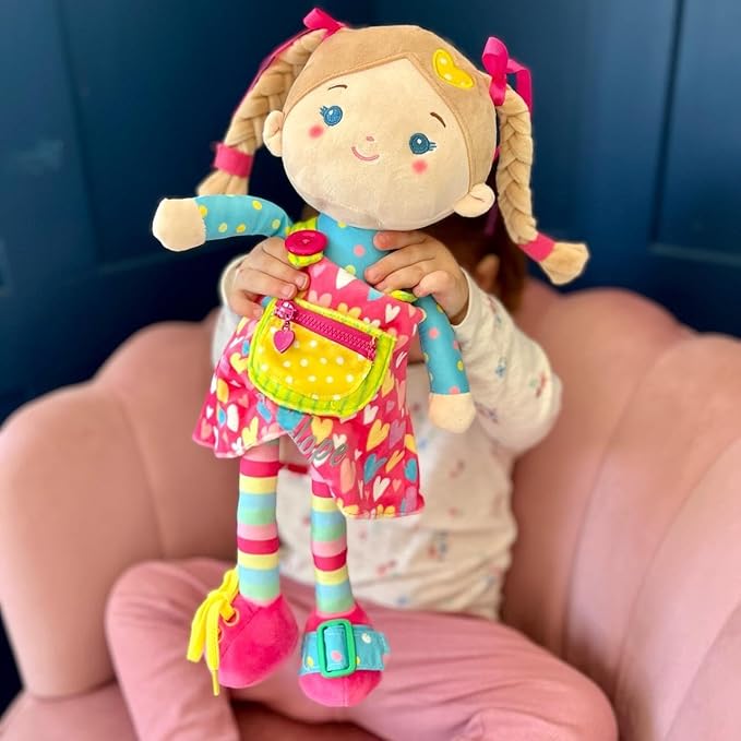 LeyaDoll Educational Soft Baby Doll(16''), Learning Sensory Doll for Toddlers, Montessori Toys for 2-Year-Old Girls Christmas, Birthday Gifts, Plush Doll with Zipper, Shoelace, Button-Busy Sweetheart