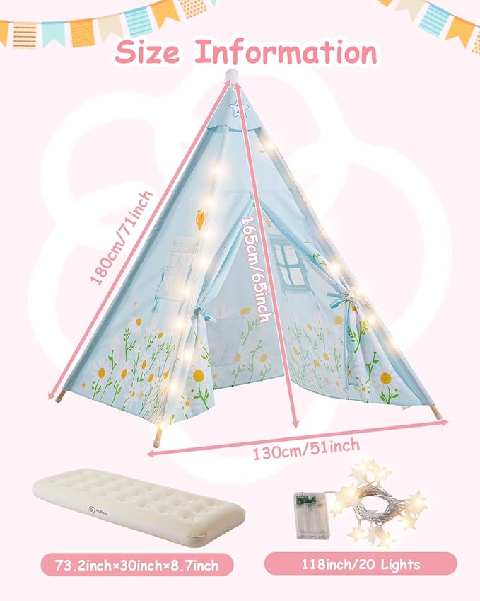 6 Pack Teepee Tent for Kids with Inflatable Airbed, Light, Toddler Tent Children Room Tents, Slumber Party Sleepover Tents, Indoor Outdoor Kids Playtent Playhouse for Girls & Boys