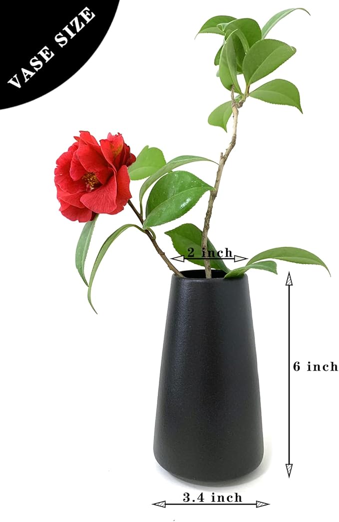 Simple Vase for Flowers Plants, Matte Vases for Modern Table Shelf Home Decor Wedding Boho Decor, 6" H Frosted Elegant Ceramic Vase for Pampas Grass Fluffy Stem Bouquet Lavender Flowers (Black, 2)