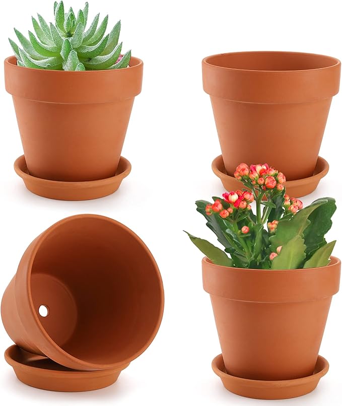 Suwimut 4 Pack Terracotta Plant Pots with Saucer, Large 6 Inch Terra Cotta Plant Pot with Drainage Hole, Clay Flower Pot with Tray for Indoor Outdoor Plant, Crafts Terra Cotta Planter