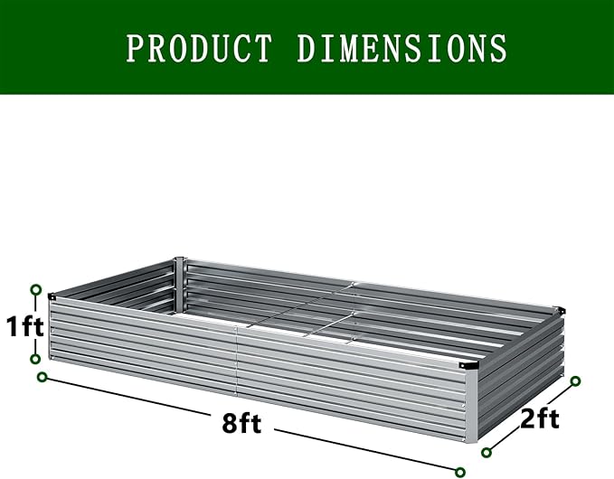 2 Pcs 8×2×1FT Galvanized Raised Garden Bed,Metal Planting Box for Outdoor Vegetable, Herb,Planter Gardening (Silver)
