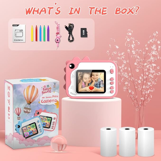 Kids Camera Instant Print, Dinosaur Instant Print Camera for Kids with 1080P Video, 32GB SD Card, 240 Photos, Christmas Birthday Gifts for Boys Girls Ages 3-12 (Pink)