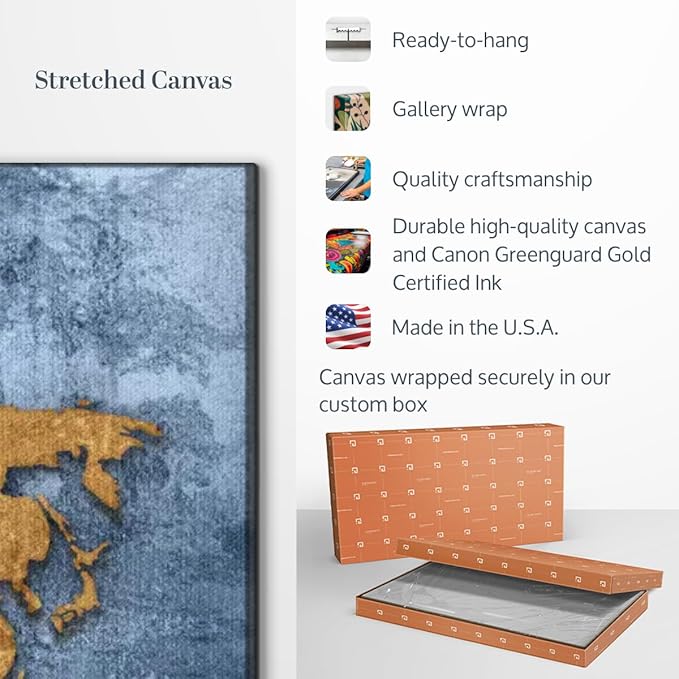 ElephantStock Azure World Map Wall Art Multi Piece Canvas - 3 Panel Wall Decor - Map of the World Art - Canvas for the Office and Home - 57" X 36"