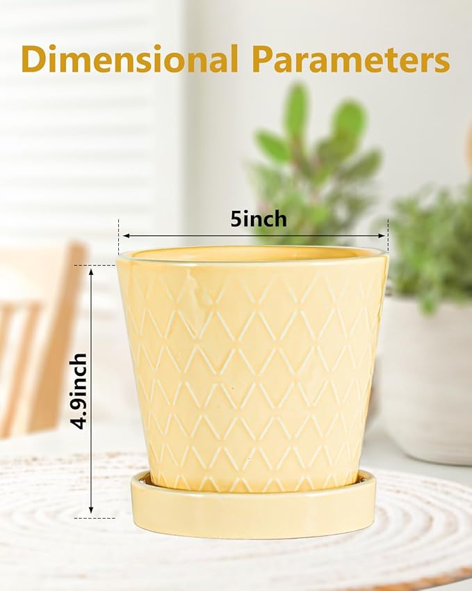 EFISPSS Ceramic Plant Pots, 5Inch Pots for Indoor Plants, Planters with Drainage Holes and Ceramic Tray, Flower Pots Desktop Office Windowsill Decoration Gift - Faint Yellow